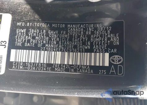 2012 Toyota Corolla Le z USA, uszkodzony, nr VIN 2T1BU4EE7CC916211